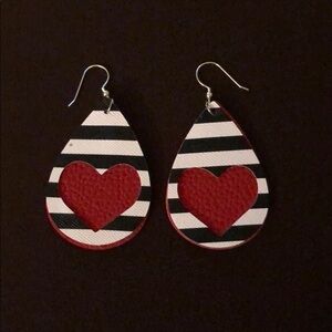 Leather Drop Earrings, Red Heart